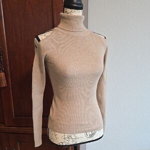 SHEIN Tan Cowl Neck Sweater Ribbed Knit Slim Fit